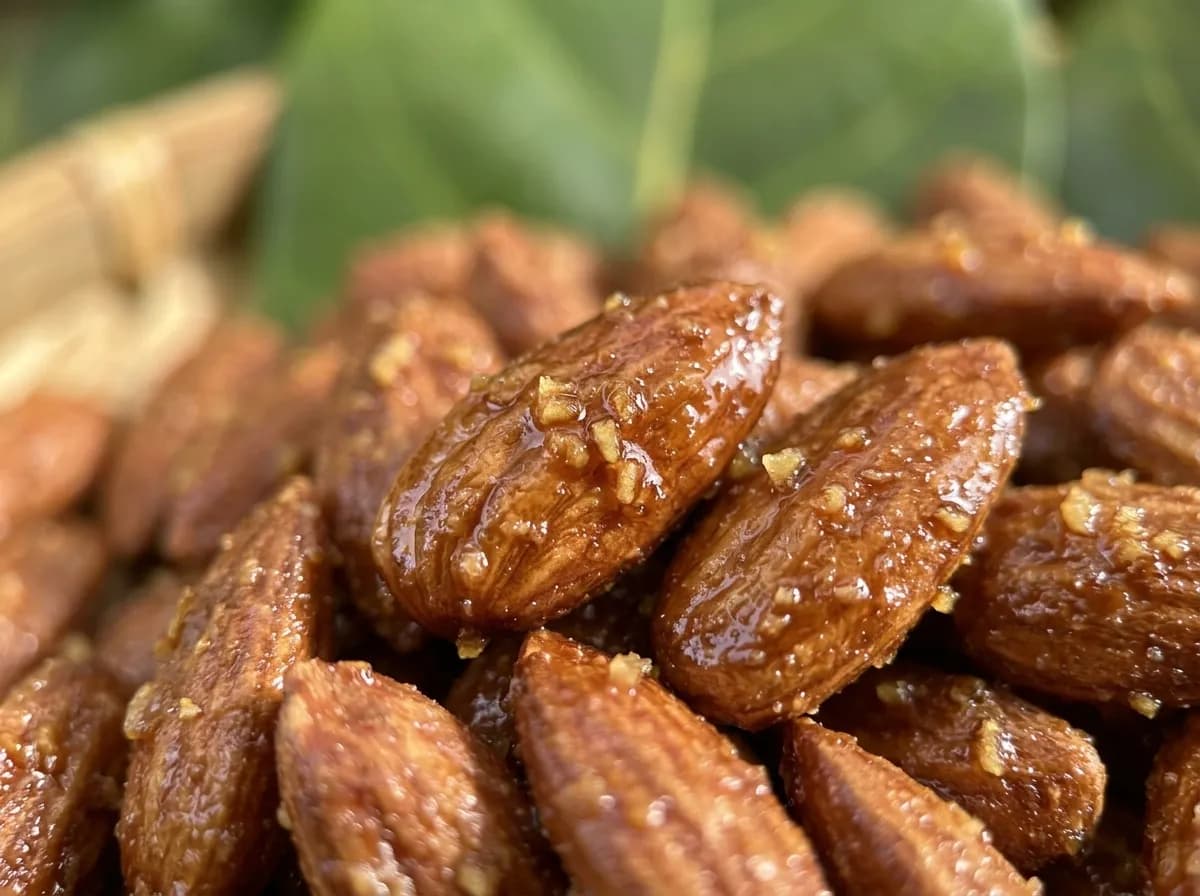 Cận cảnh hạt bàng rang đường phủ lớp caramel và gừng