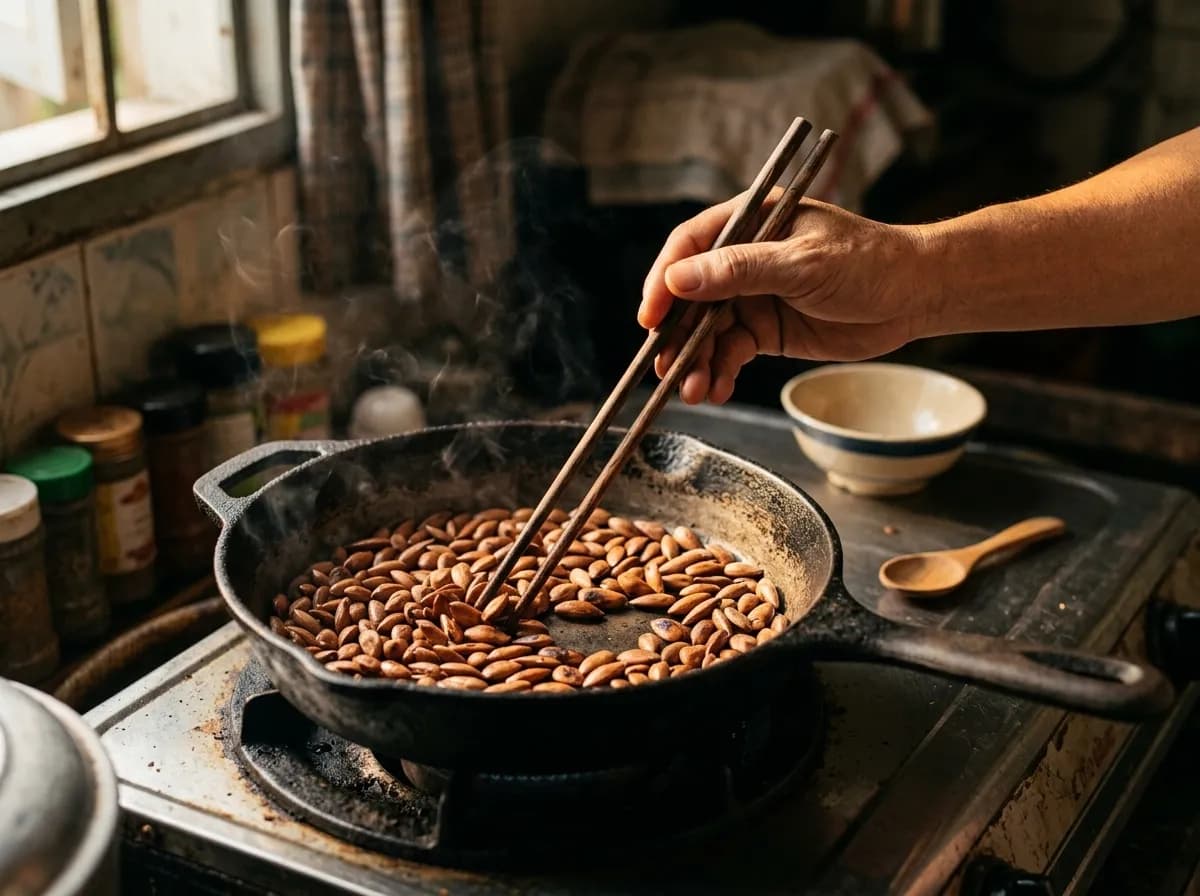 Rang hạt bàng thủ công trên chảo gang