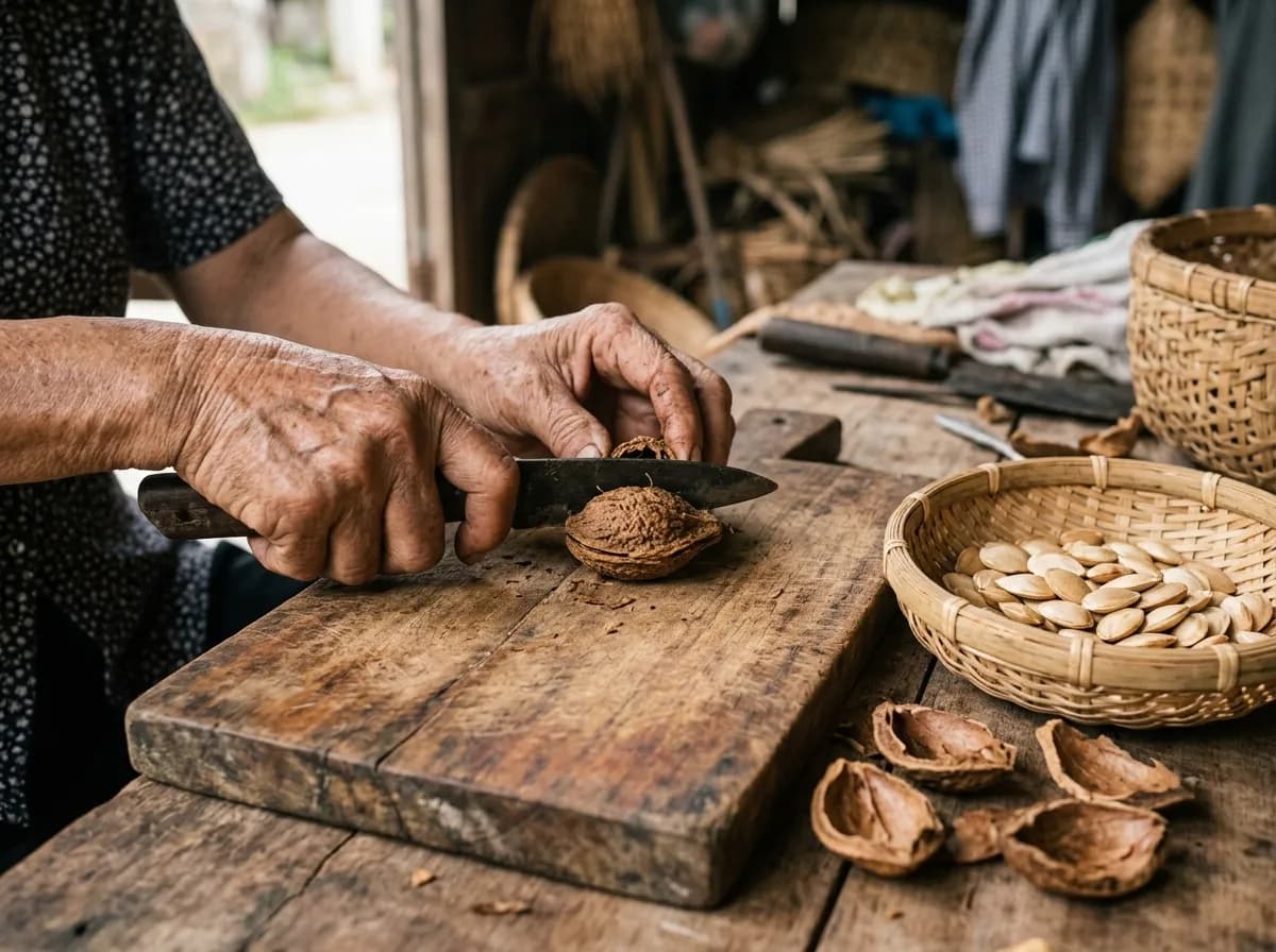 Tách vỏ trái bàng khô thủ công lấy nhân hạt